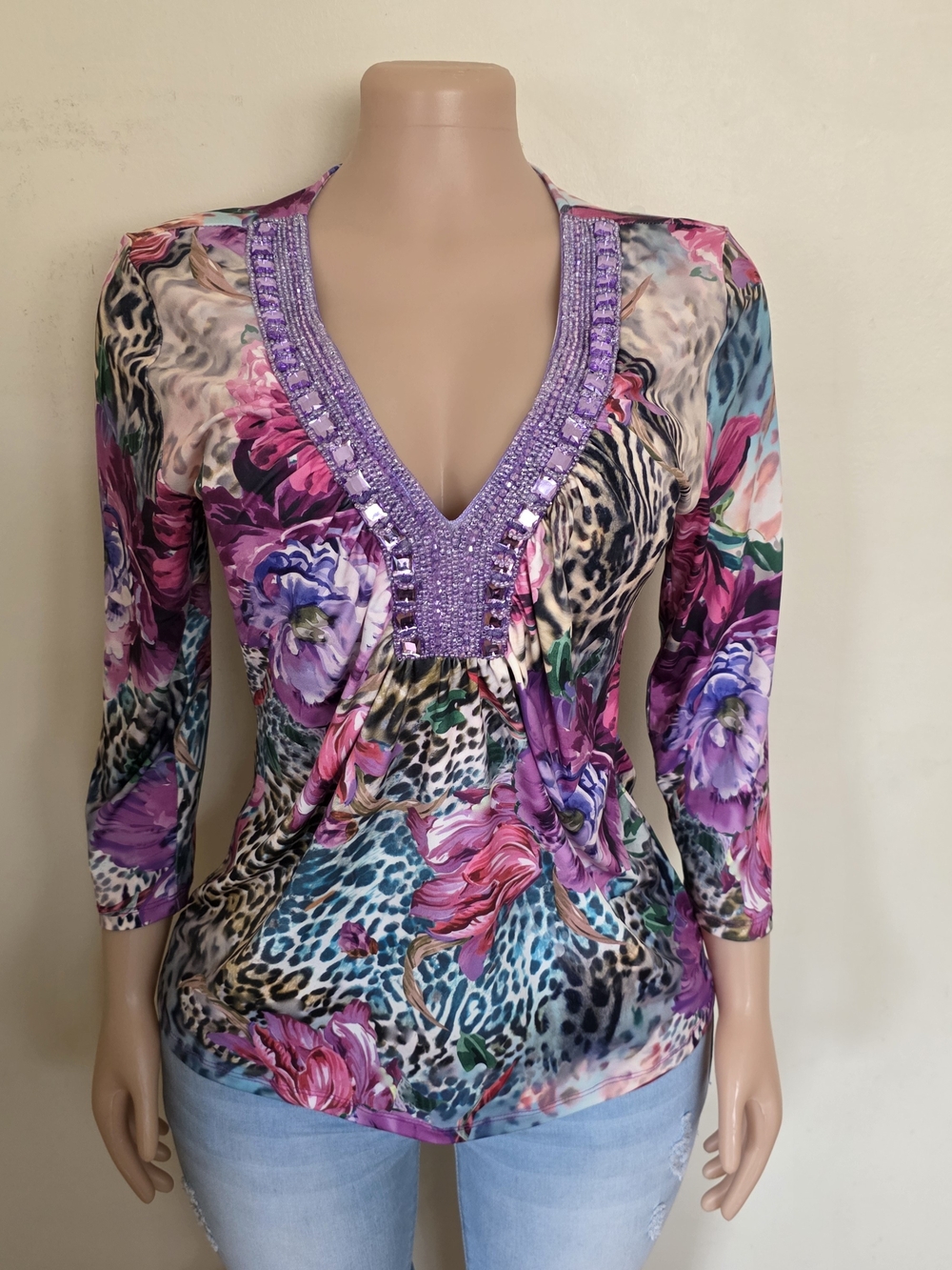 Boston Proper Floral & Animal Print Jewel-Neck Top in Purple, Pink, Teal